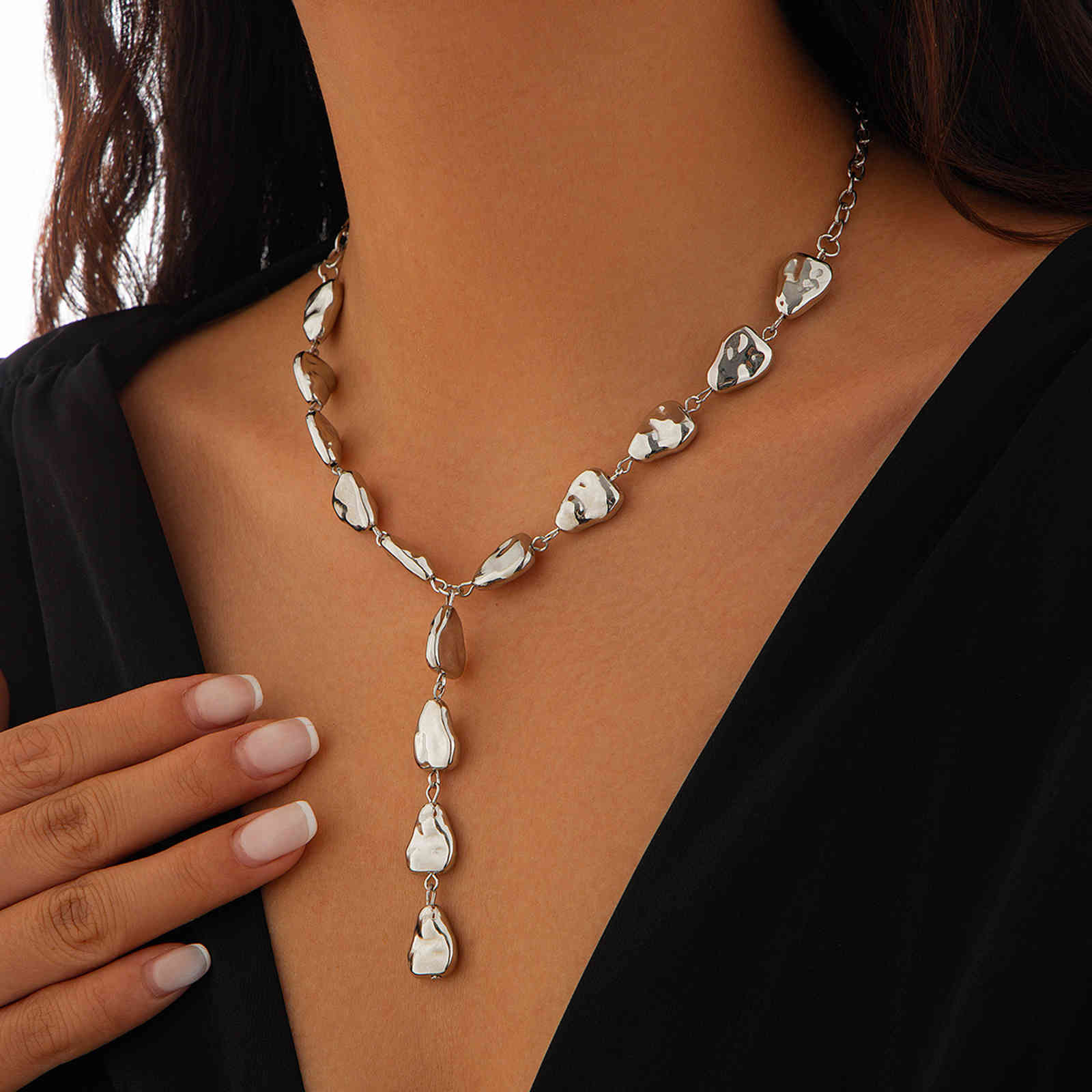 Gold and Silver Long Necklace Chain Baroque Stone Style Bead Chain Necklace