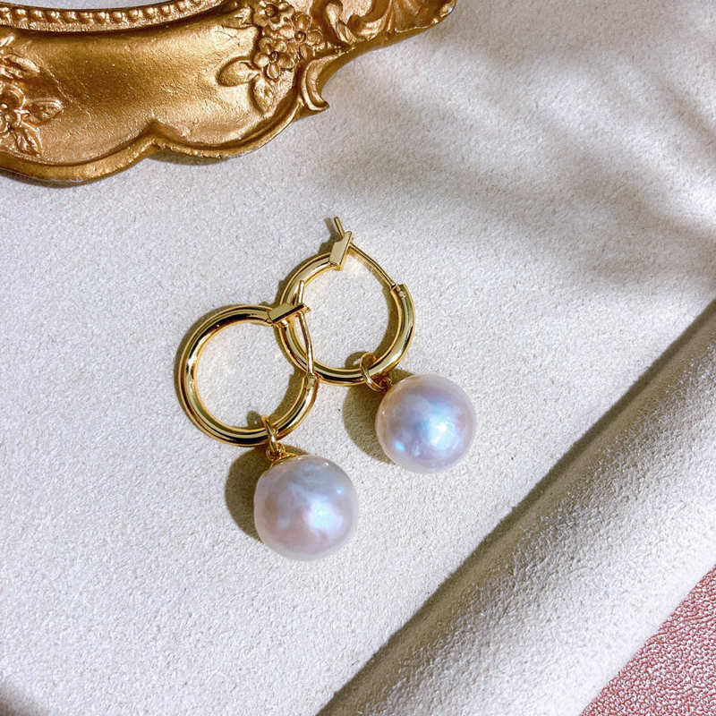 10MM Freshwater Pearl Drop Earrings | AAA Big Real Pearl Earrings | Freshwater Peal Dangle Earrings in 14K Gold Over Sterling Silver