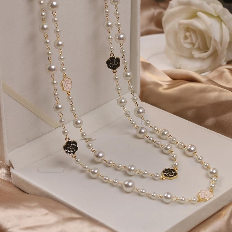 2 Strands Dress Chain Sweater Chain Long Pearl and Clover Necklace