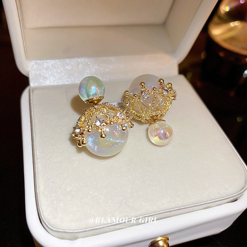 Moonstone Earring Studs 2 Side Opal Earrings Gold Settings and Silver Pin
