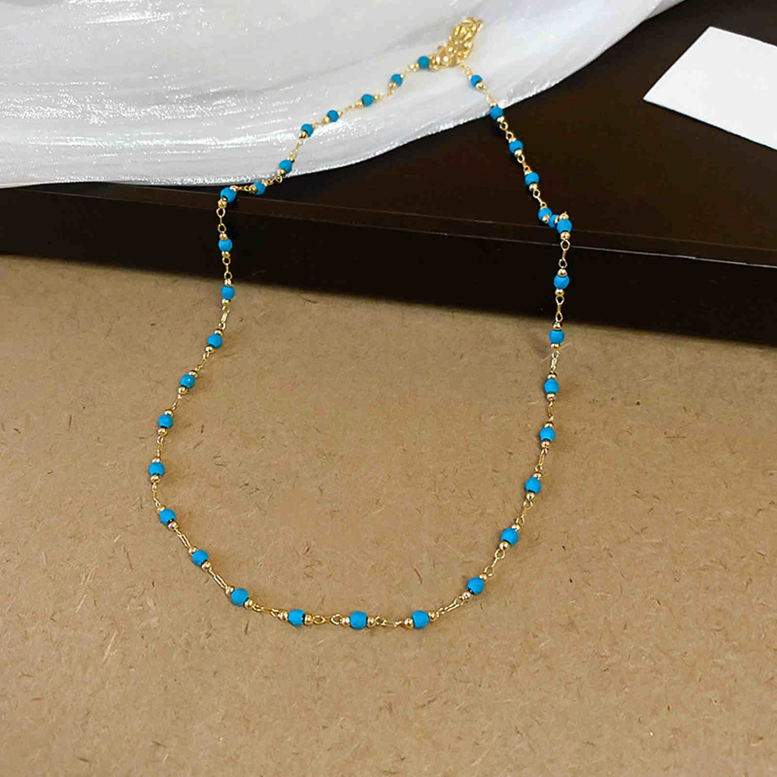 Turquoise Necklace Blue Stone Beaded Gold Plated Chain Necklace 2 styles 18inch 45cm