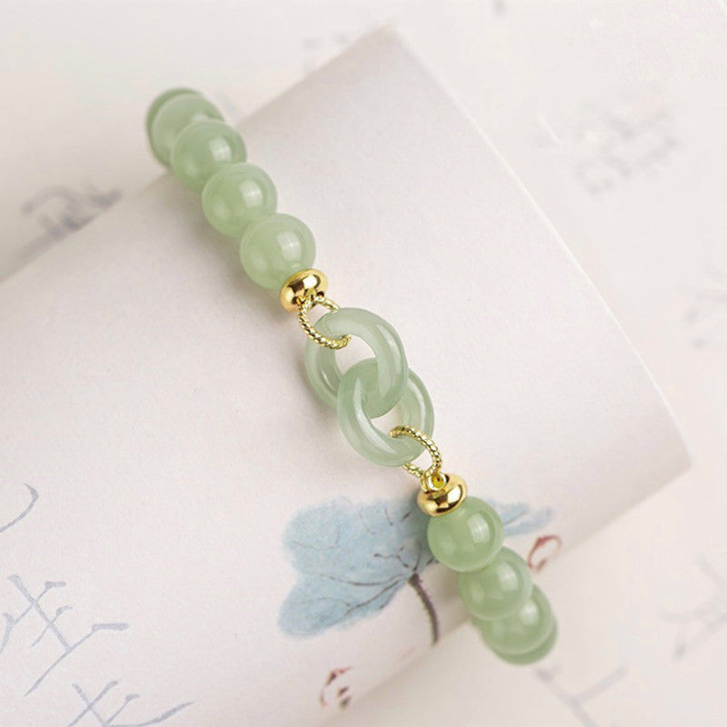 Green Jade Nephrite Bracelet | Round Pingan Clasp Nephrite Bracelet | Elastic Rope Jade Bracelet for Women