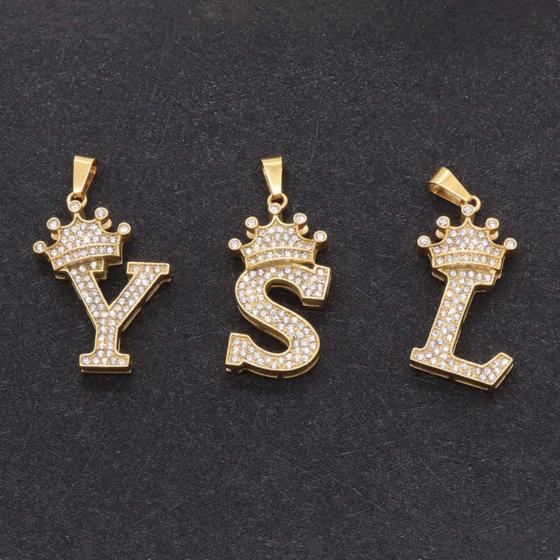 Alphabet Pendant Necklaces With Free Gold Chain Crystal Zircon Crown Initial Letter Necklace