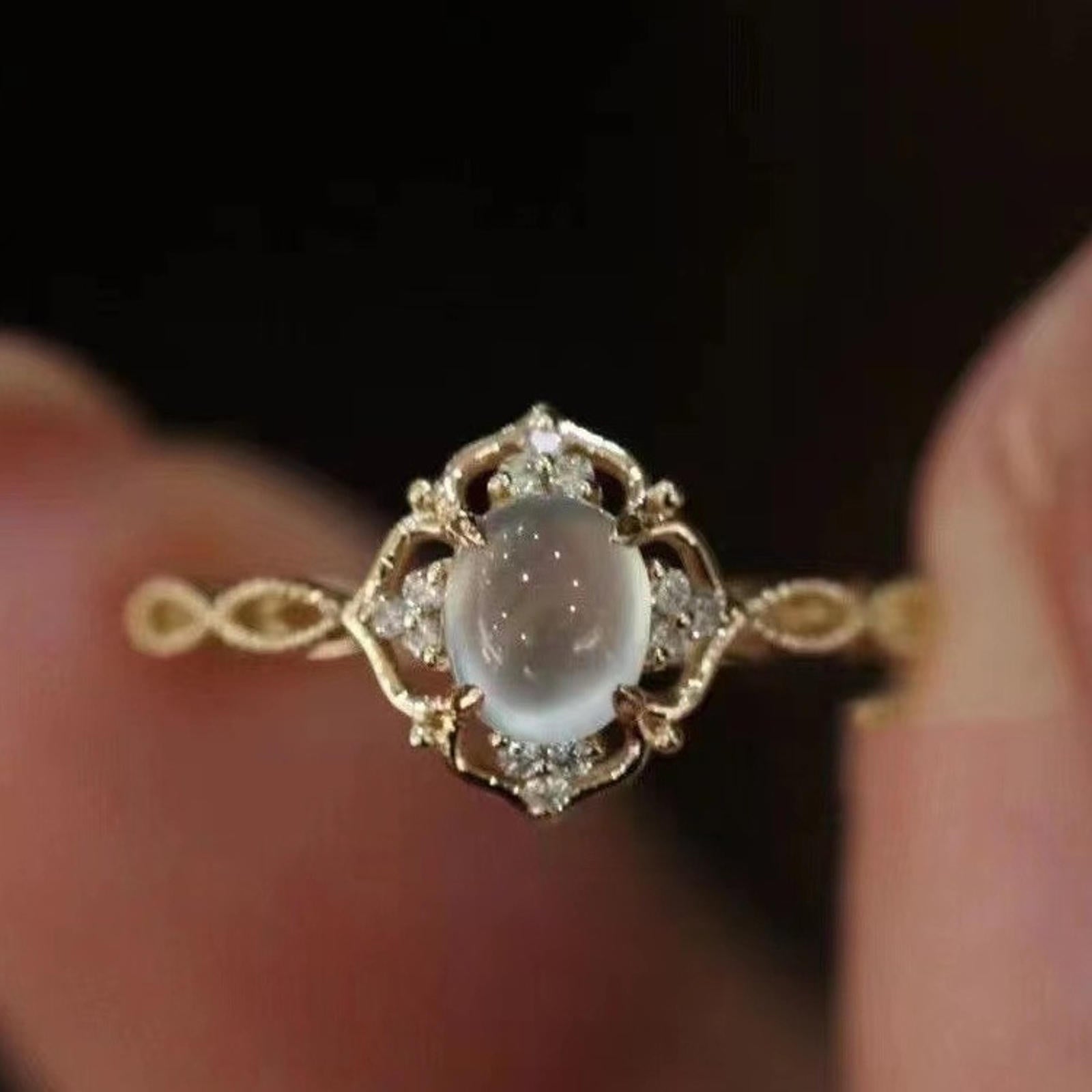 18K Gold Plated Moonstone Ring Adjustable Size Romantic Natural Stone Ring