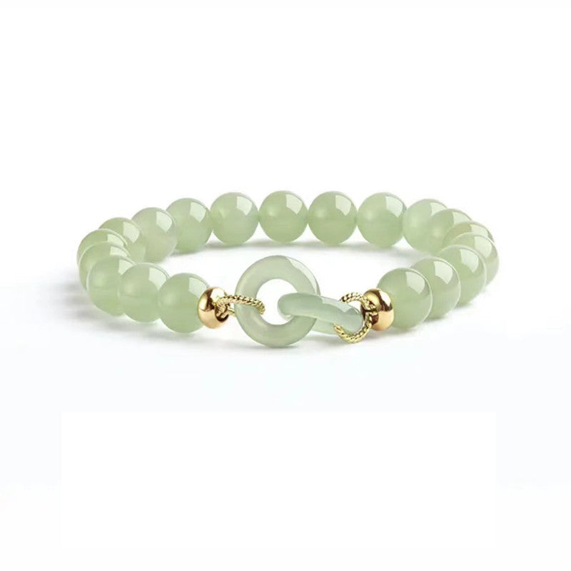 Green Jade Nephrite Bracelet | Round Pingan Clasp Nephrite Bracelet | Elastic Rope Jade Bracelet for Women