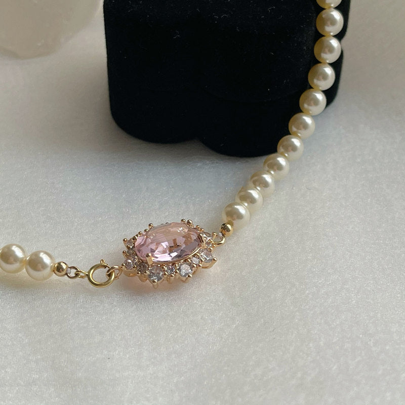 6MM Pearl Necklace | Crystal Pendant Pearl Chain | 14K Gold Shining Pearl Wedding Necklace