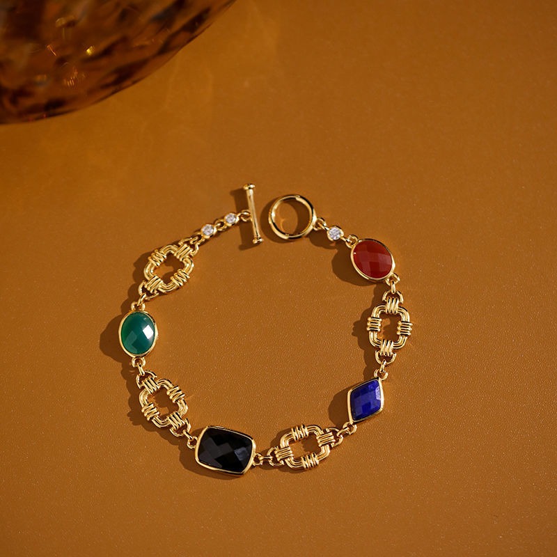 Designed Gold Bracelet Colored Stone and Zircon Bracelet with OT Clasp