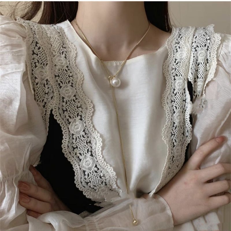 Long Pearl Drop Necklace Elegant Gold and Silver Sweater Chain