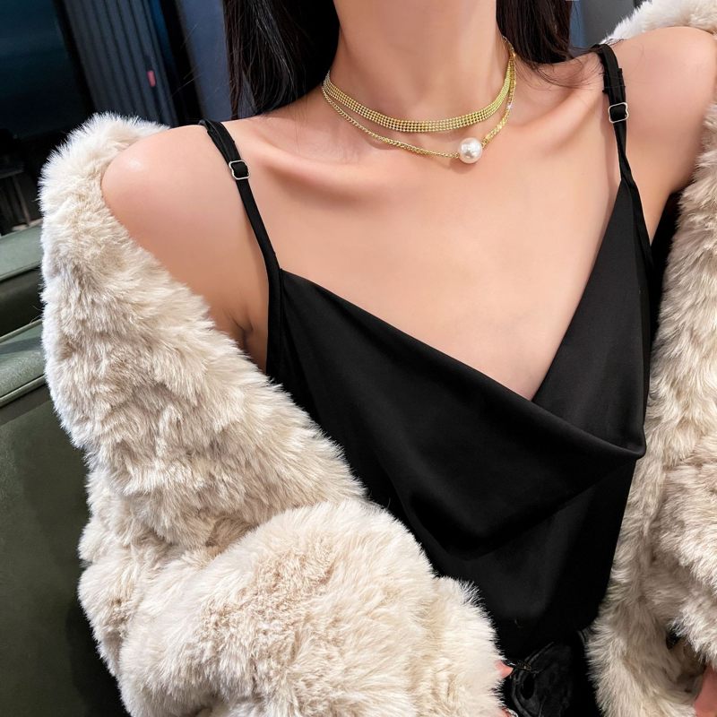 【Crazy Deal】13MM Pearl Pendant Necklace | Gold Double Chain Clavicle Chain | Crystal Chain and 14K Gold Plated