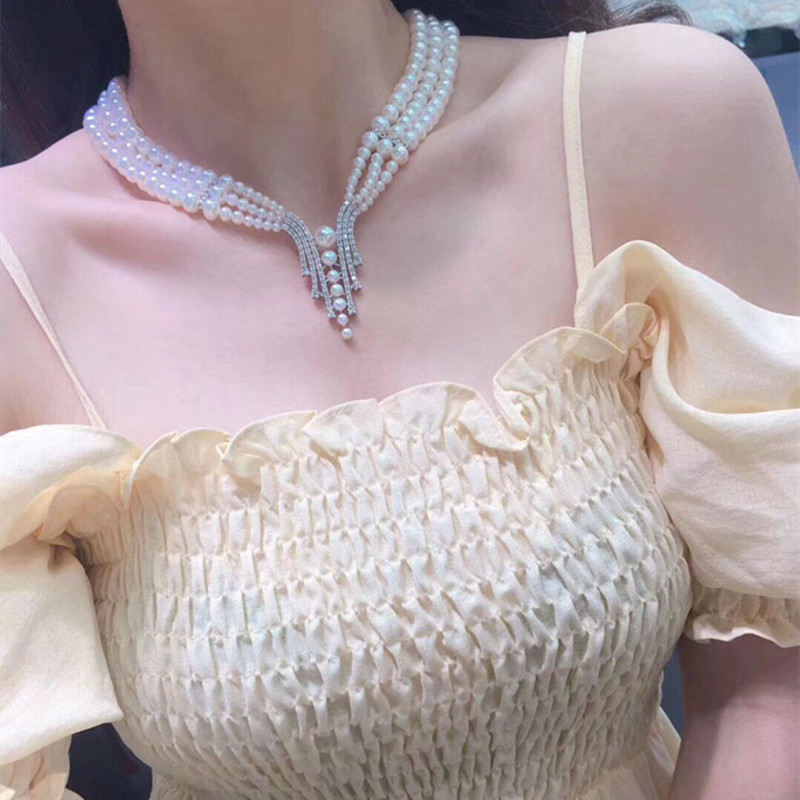 6MM Freshwater Pearl Necklace | Multi Strand White Real Pearl Necklace | Sterling Silver Pearl Necklace for Wedding