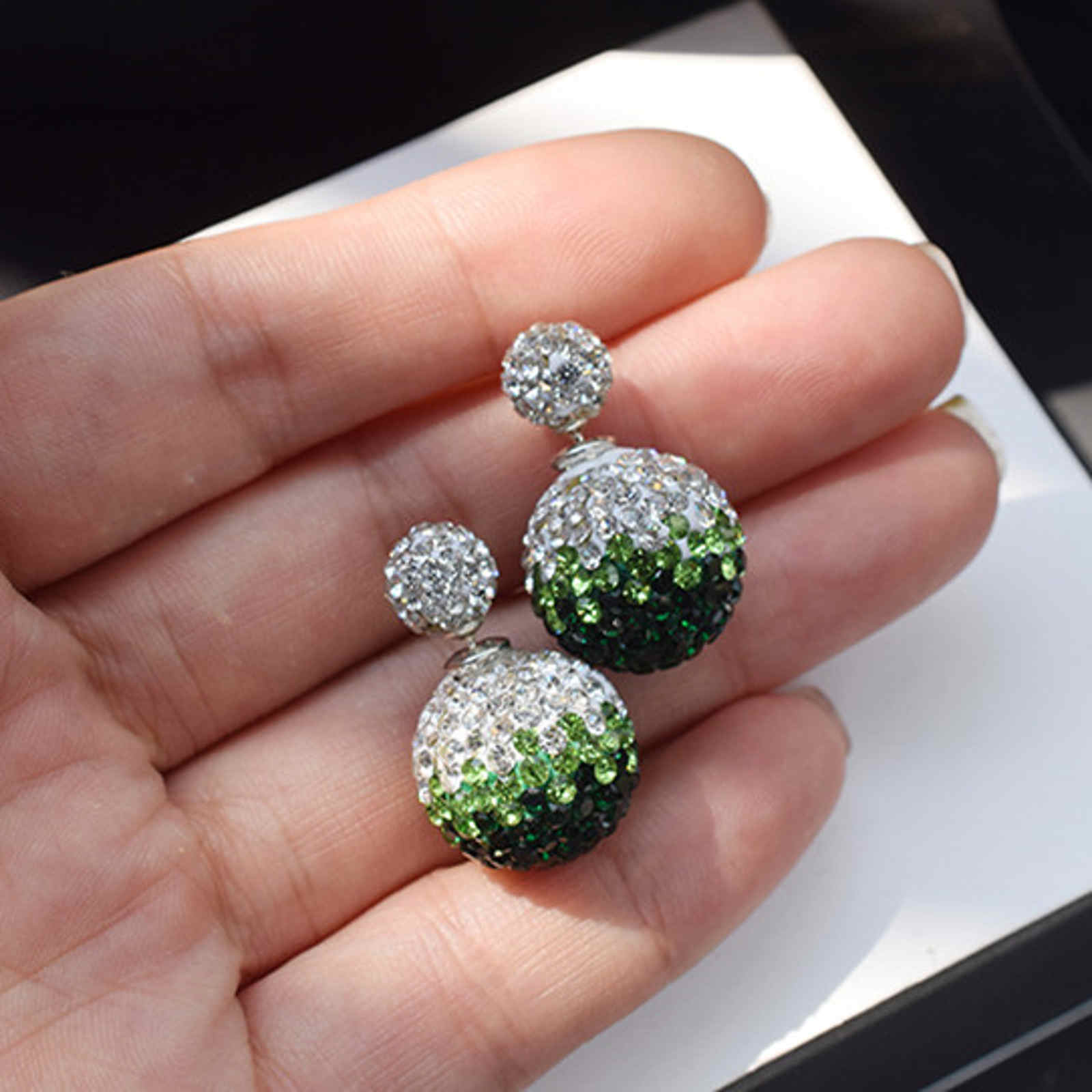 Double Sided Earring Studs Bling Crystal Ball Zircon Stud Gradient Color Earrings with S925 Silver Pin