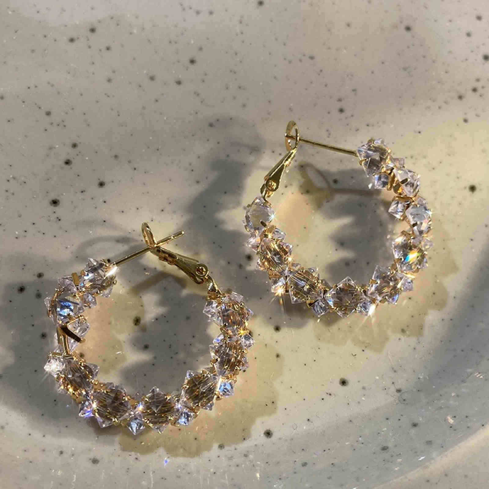 Grandes boucles d'oreilles créoles en cristal et diamants scintillants avec broches en argent S925