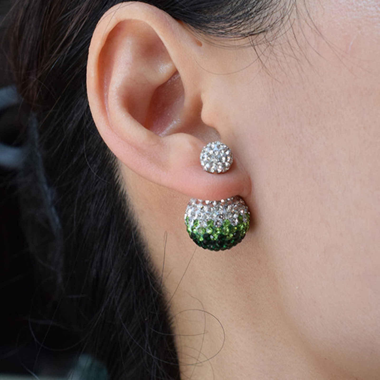 Double Sided Earring Studs Bling Crystal Ball Zircon Stud Gradient Color Earrings with S925 Silver Pin