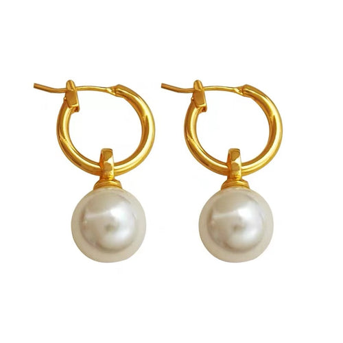 10mm Big Pearl and Gold Hoop Earrings Elegant Pearl Drop Earrings S925 Silver Pin