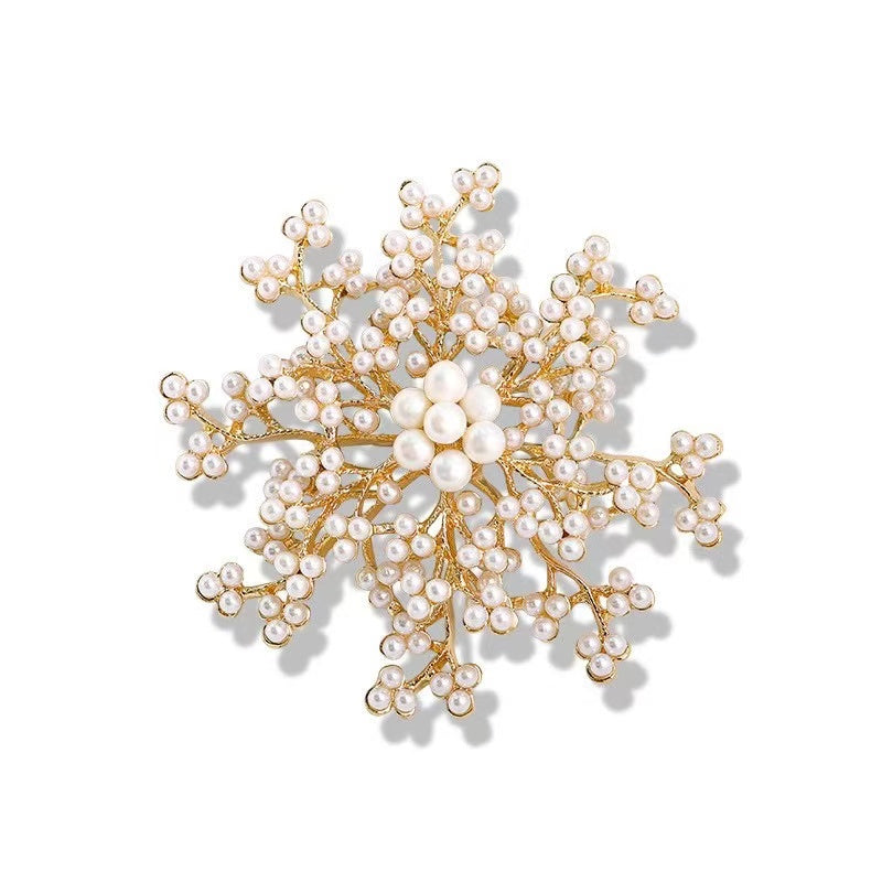 Snowflake Brooch Crystal and Pearl Christmas Brooch Pin Gold and Silver Snow Brooches
