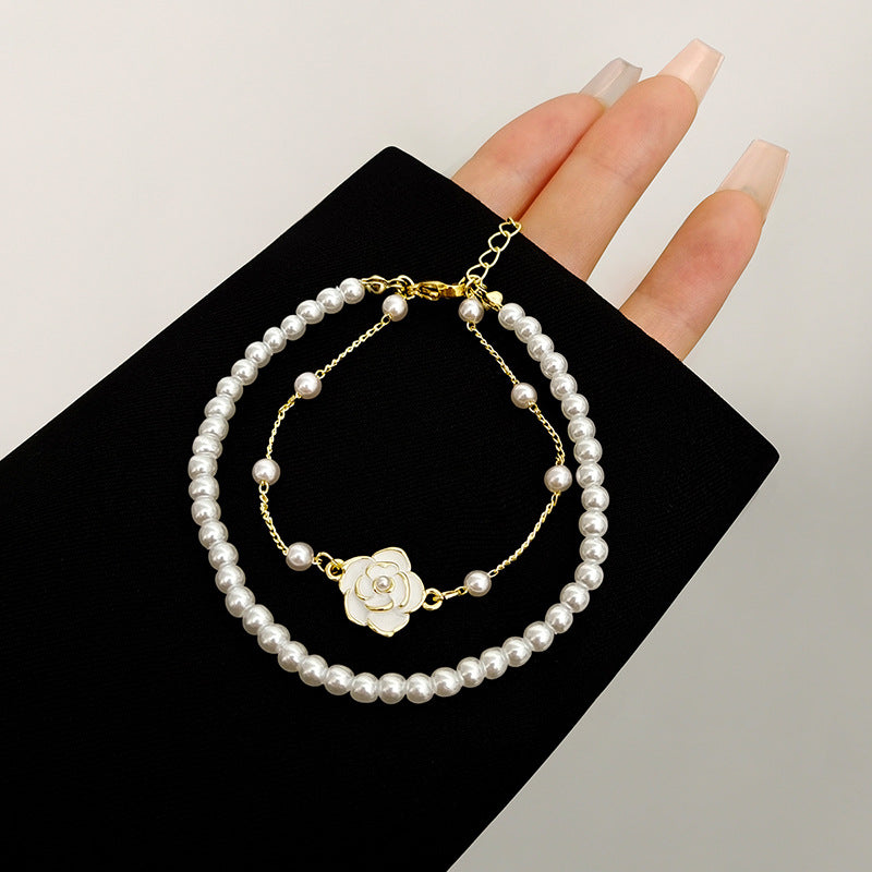 Gold Camellia Pearl Bracelet and Earrings | Double Strand Bracelets | Bow Earrings in 14K Gold Plated