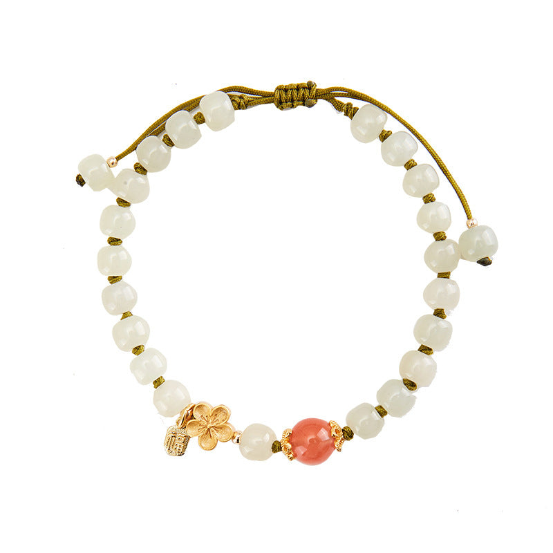 Pulsera de loto de jade natural | Pulseras blancas tejidas a mano con cuentas redondas | Pulseras De Calcedonia Ajustables Para Mujer
