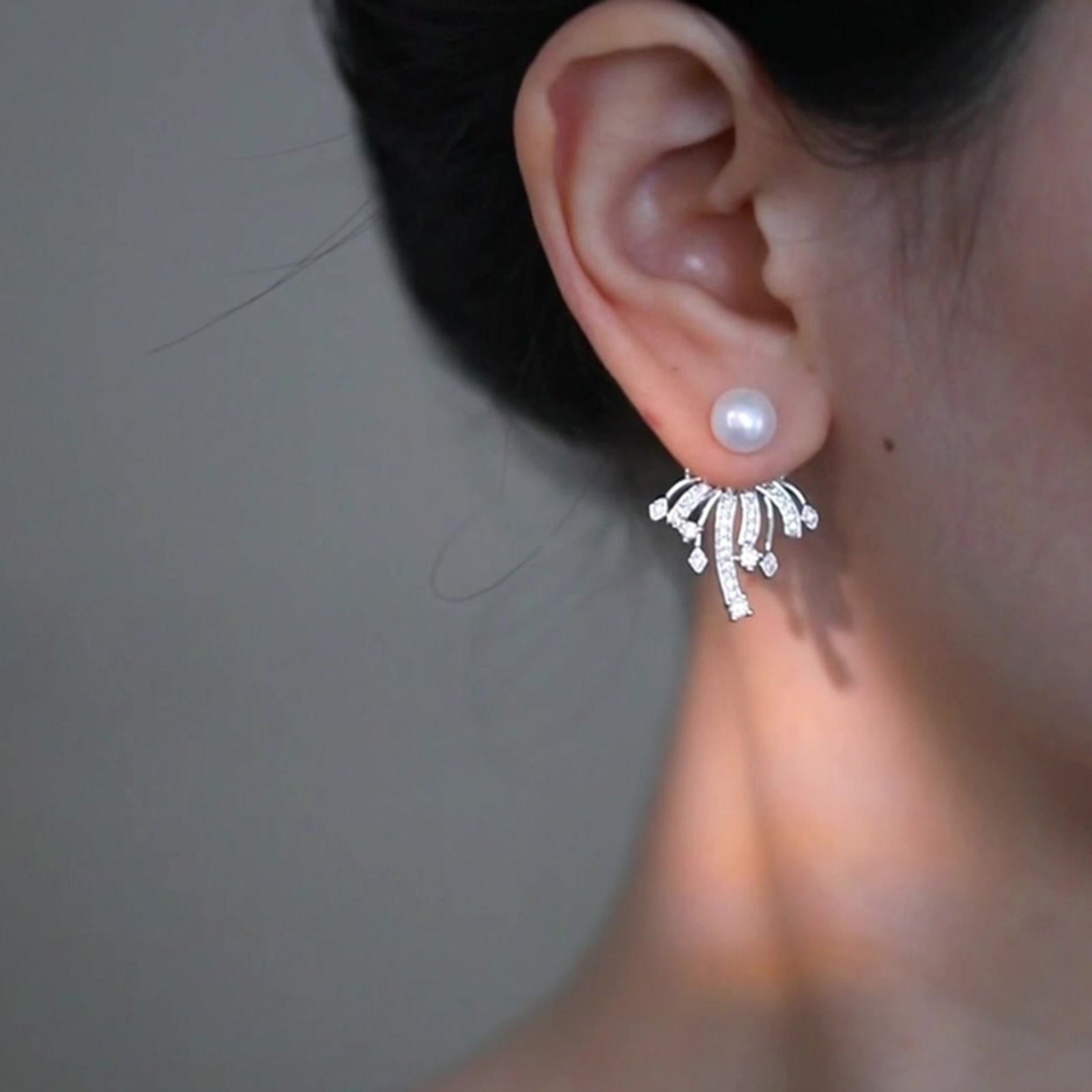 Elegant Pearl Earring Jackets with Tassel Crystal Drop Silver Pin