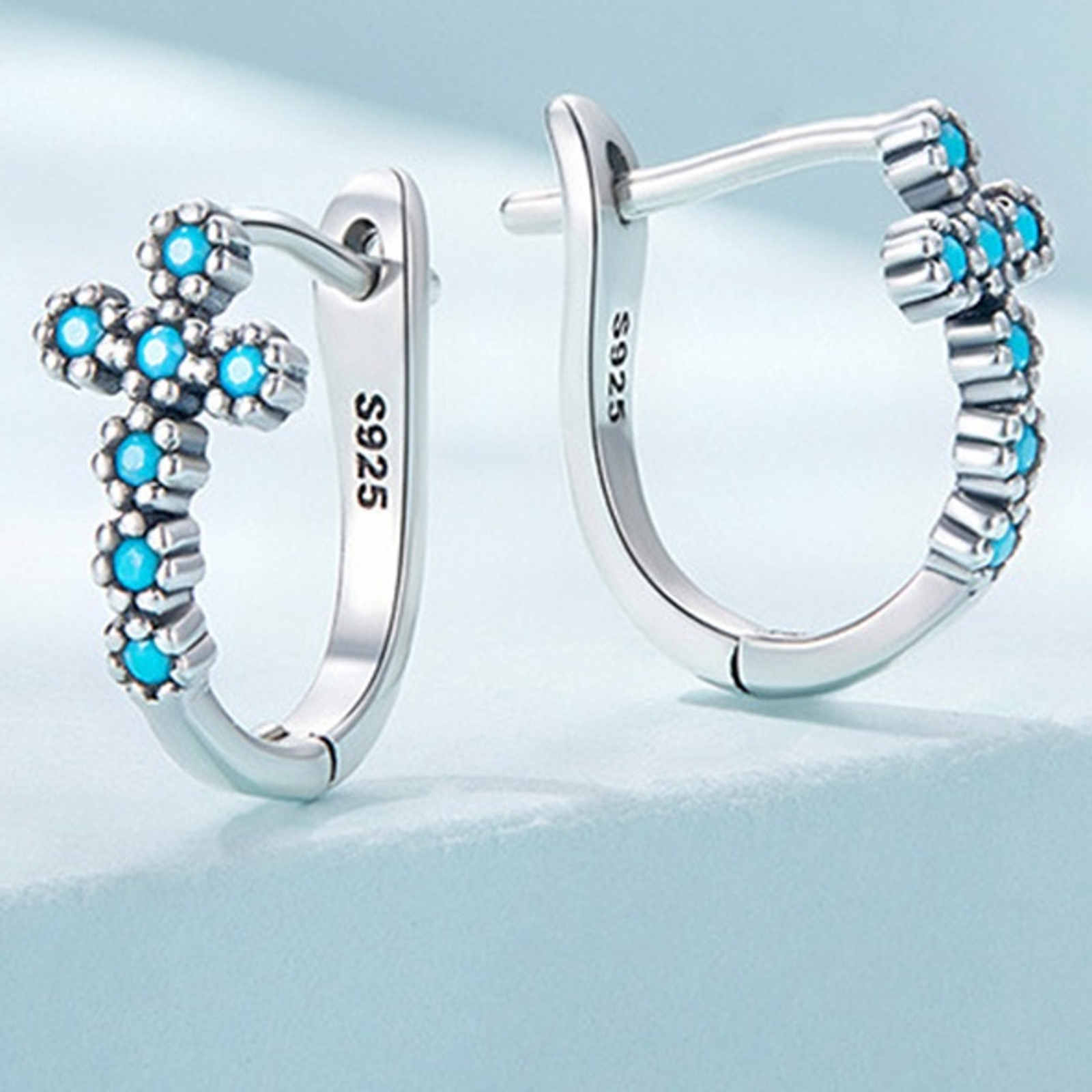 Silver Turquoise Earrings Blue Cross Style Earrings English Lock Earring Hoop