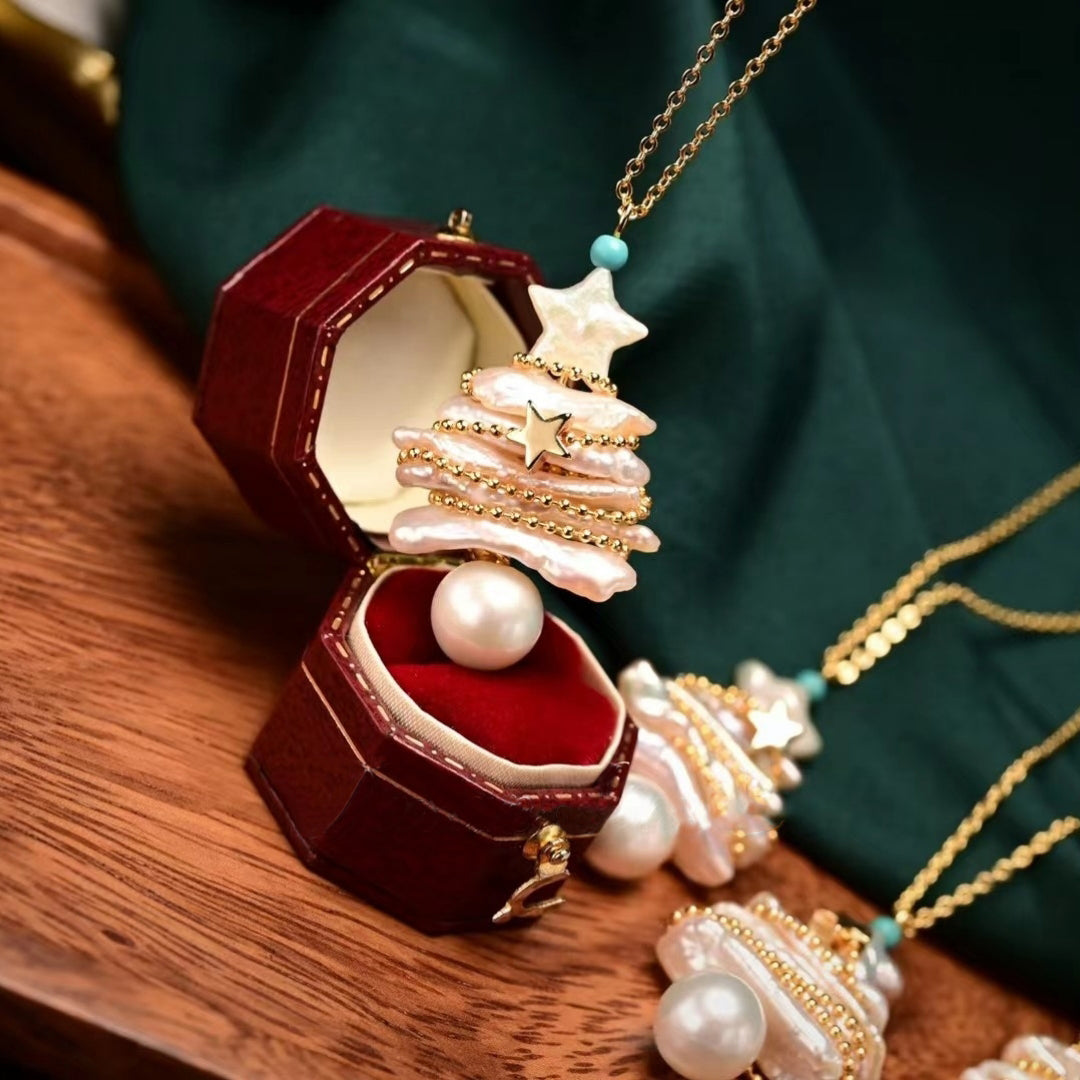 Real Baroque Pearl Necklace Pendant Luxury Christmas Tree Brooch Necklace with Gold Chain