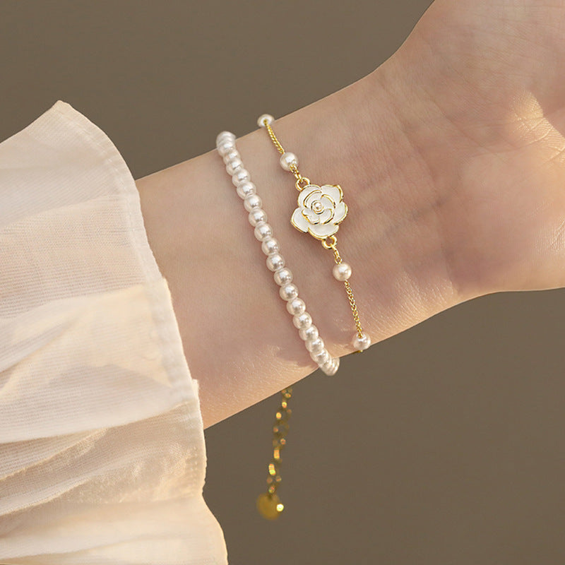 Gold Camellia Pearl Bracelet and Earrings | Double Strand Bracelets | Bow Earrings in 14K Gold Plated