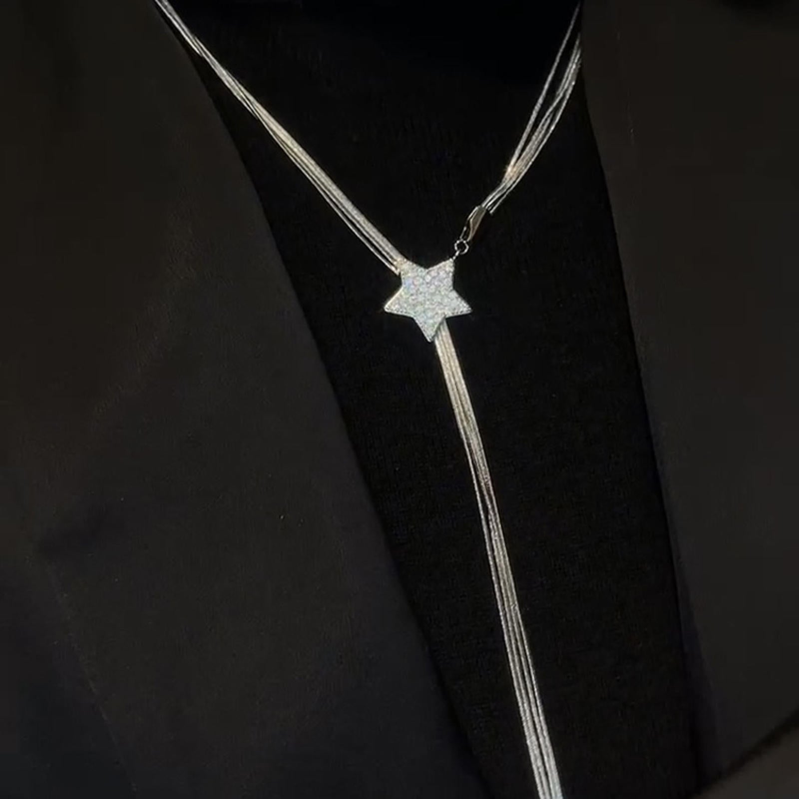 Silver Long Tassel Necklace Shiny Long Necklace with Star Clasp
