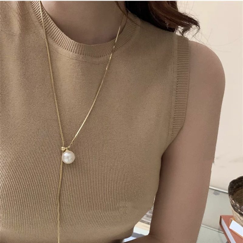 Long Pearl Drop Necklace Elegant Gold and Silver Sweater Chain