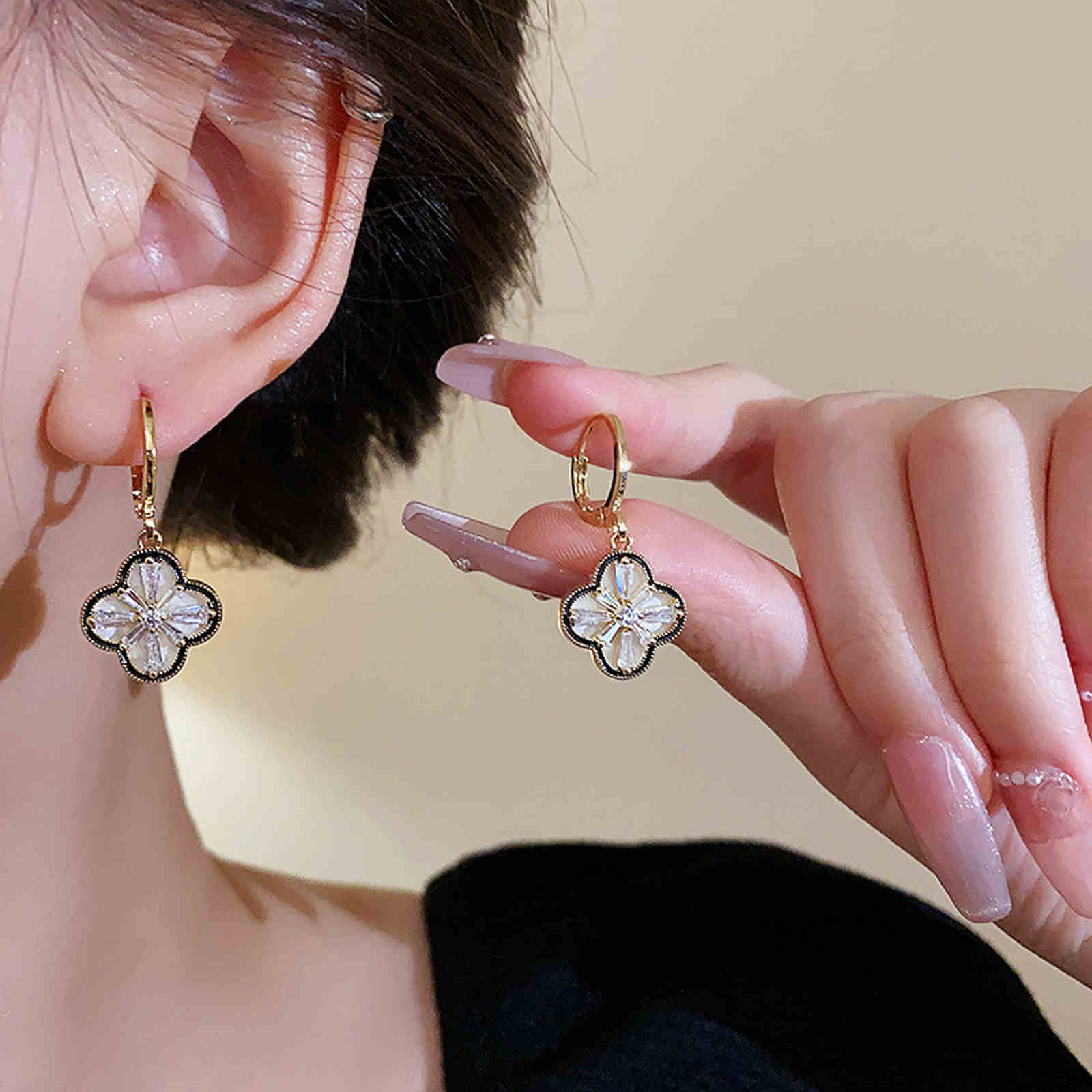 Diamond Clover Earrings Gold Hoop Lucky Clover Drop Earrings with Sterling Silver Pins