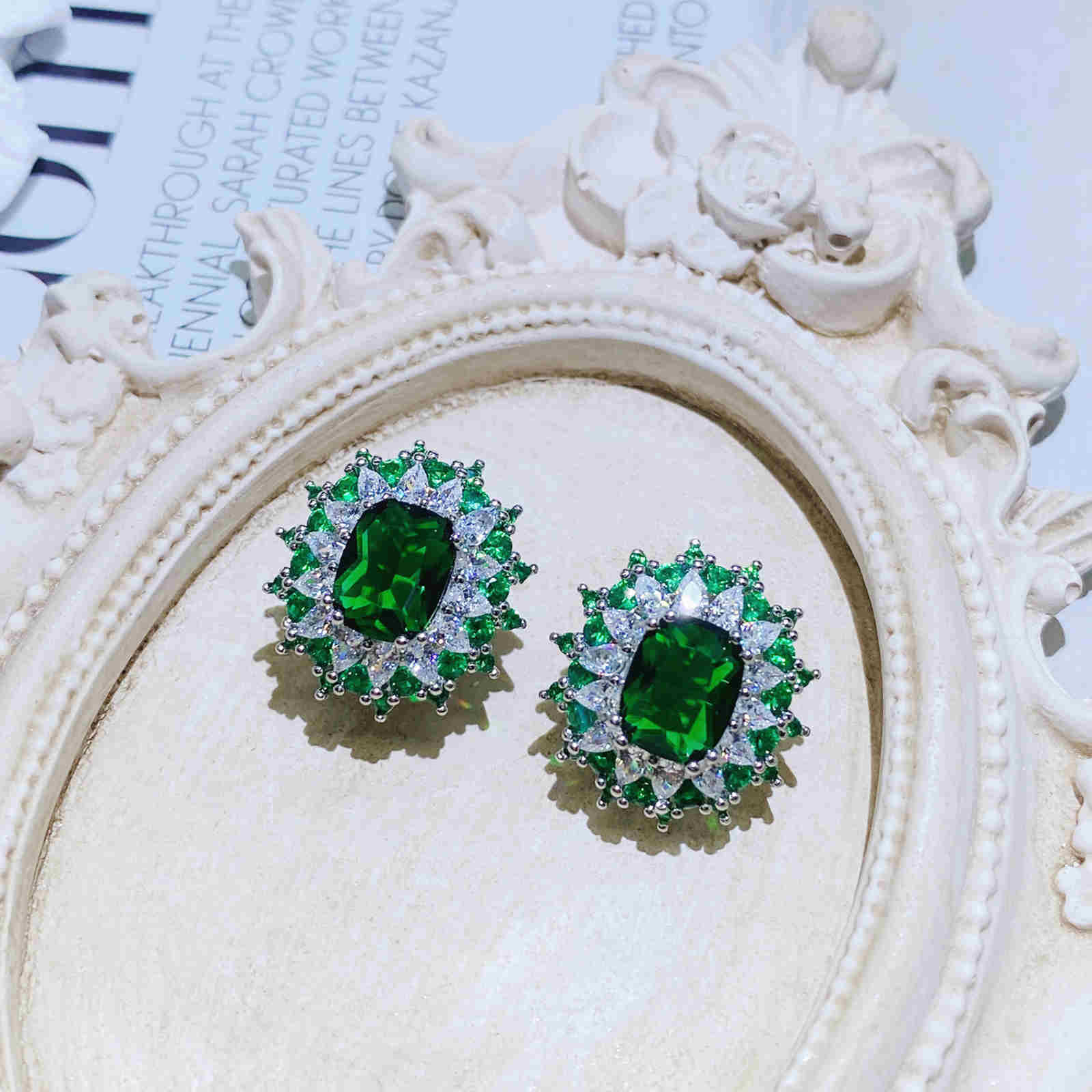 Jewelry Set Blue and Green Synthetic Quartz Crystal Earrings Necklace and Ring Set