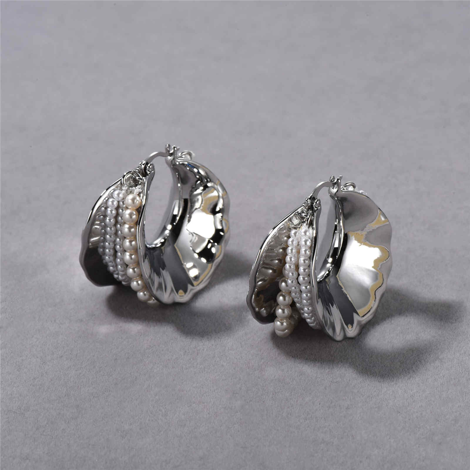 Super Big Hoop Earrings with Pearls Silver Chunky Huggie Designed Earrings