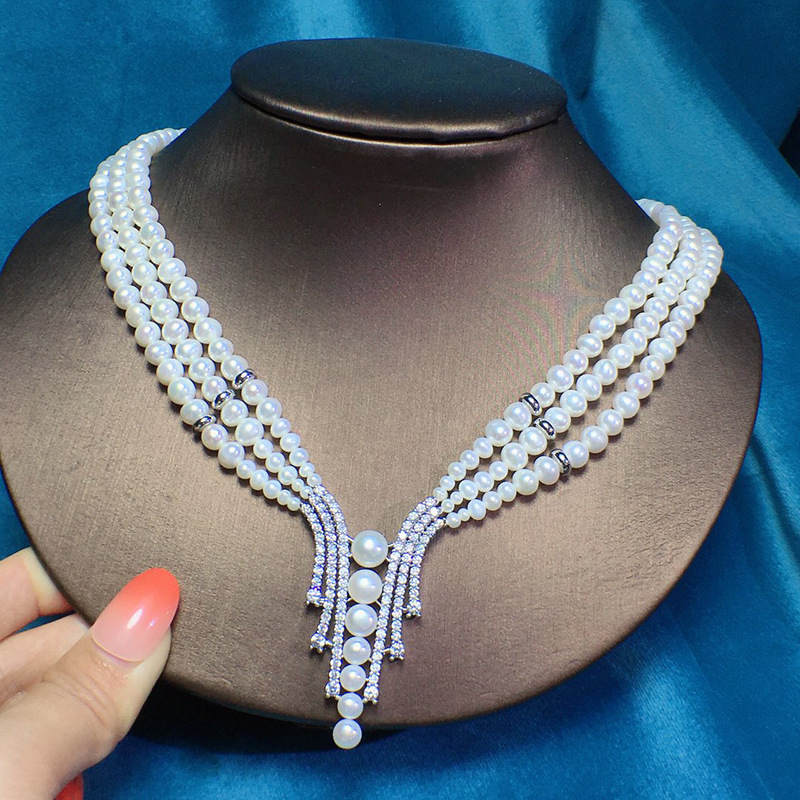 6MM Freshwater Pearl Necklace | Multi Strand White Real Pearl Necklace | Sterling Silver Pearl Necklace for Wedding