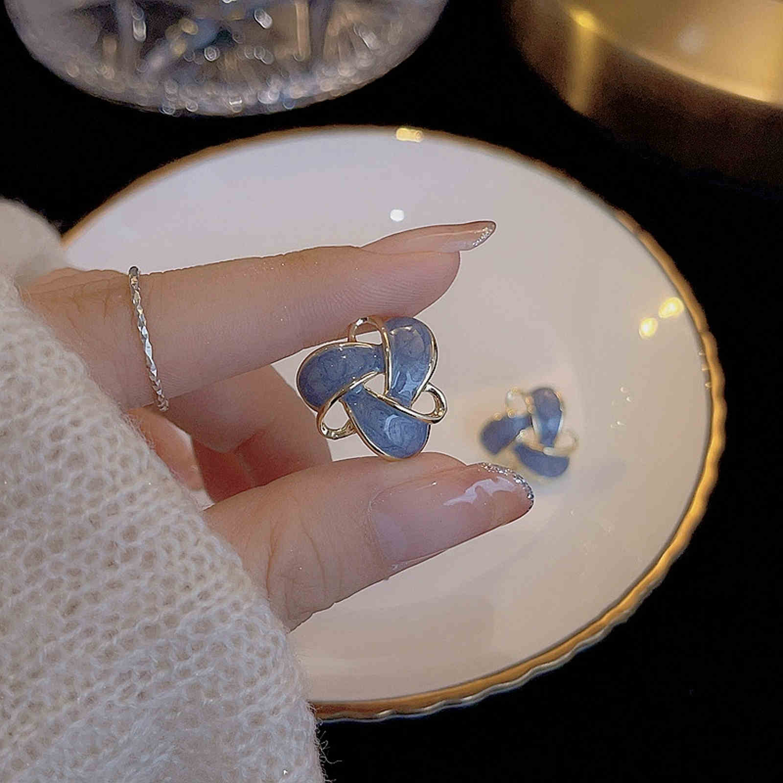 Blue Cross Twisted Stud Earrings Flower Earring Studs with S925 Silver Pins