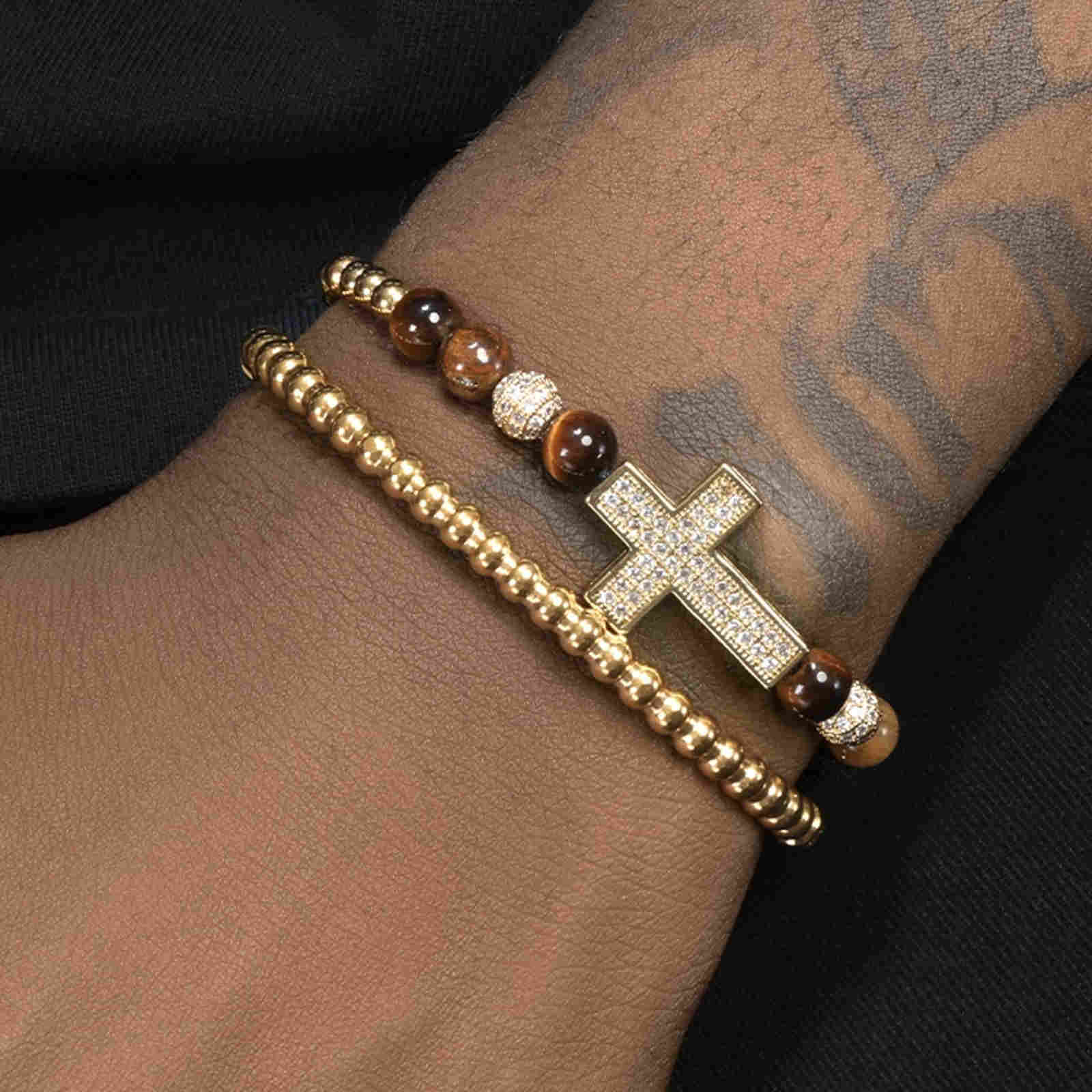 Hip-Hop Zircon Bracelet Tiger Eye Stone Bracelets Zircon Cross Bracelet