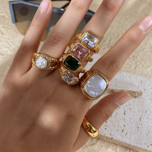 Zircon Rings Pearl and Natural Stone Ring 14K Gold Plated