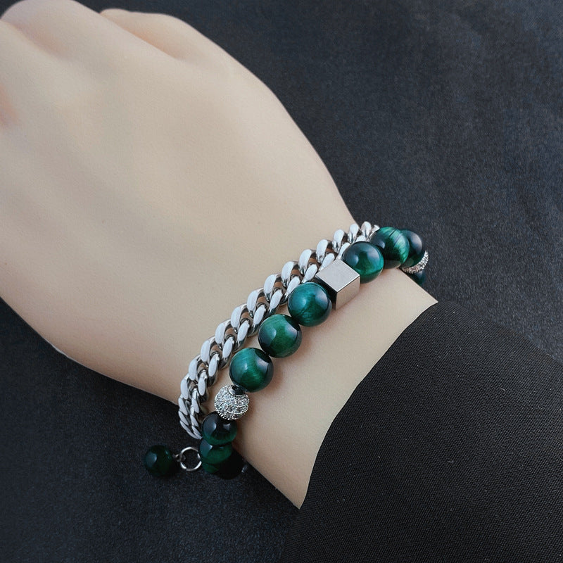 8MM Black Green Pearl Beaded Bracelet | Hip Hop Stone Bracelet | OT Clasp Cuban Chain Double Stack Bracelet