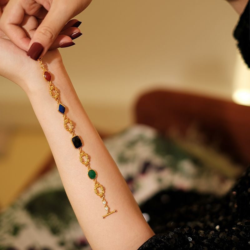 Designed Gold Bracelet Colored Stone and Zircon Bracelet with OT Clasp