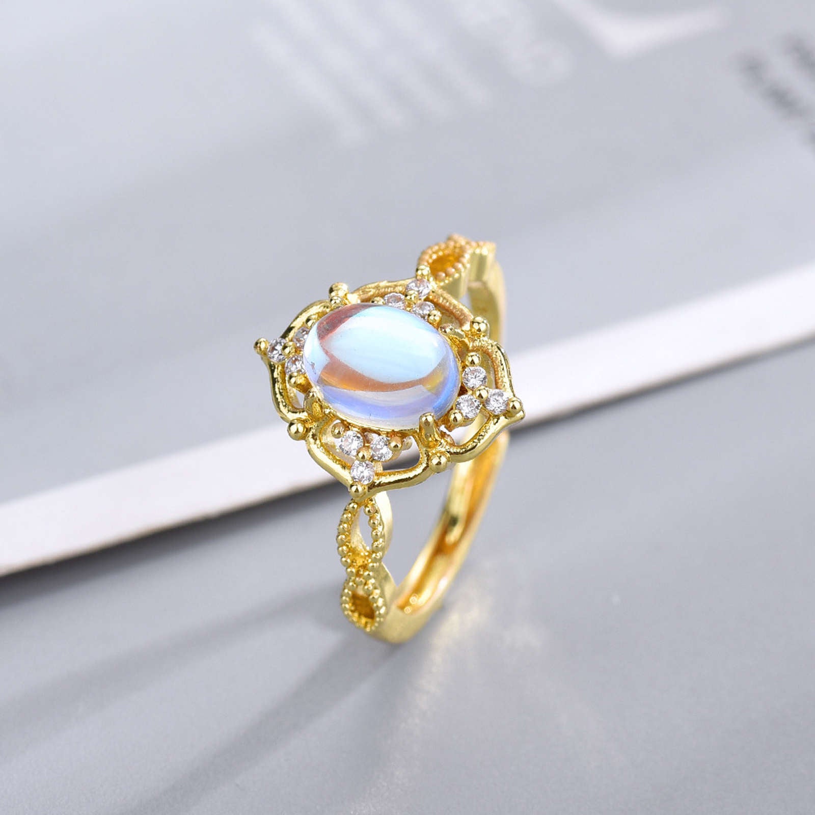 18K Gold Plated Moonstone Ring Adjustable Size Romantic Natural Stone Ring