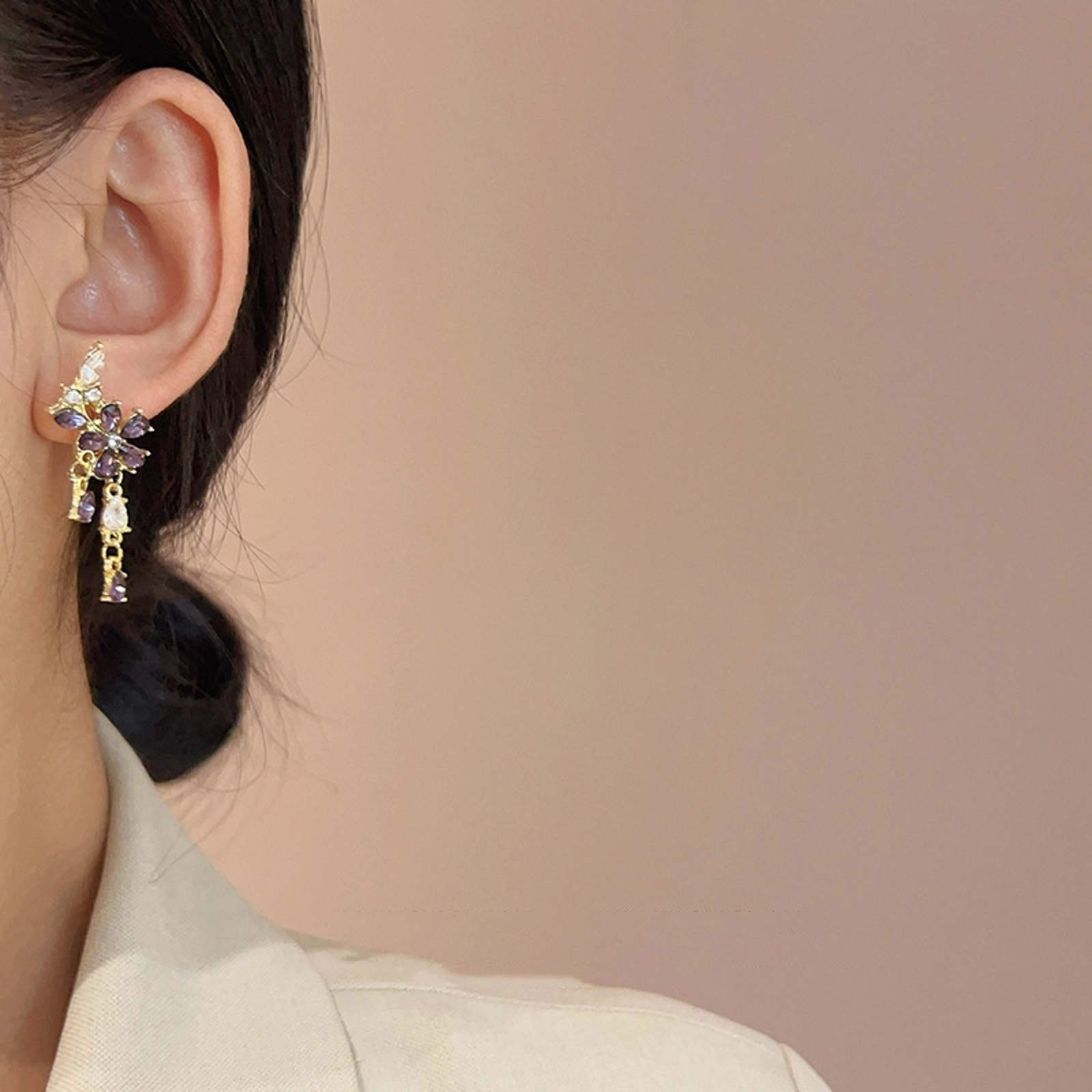 Crystal Flower Stud Earrings Super Shiny Purple Diamond Tassel Earrings