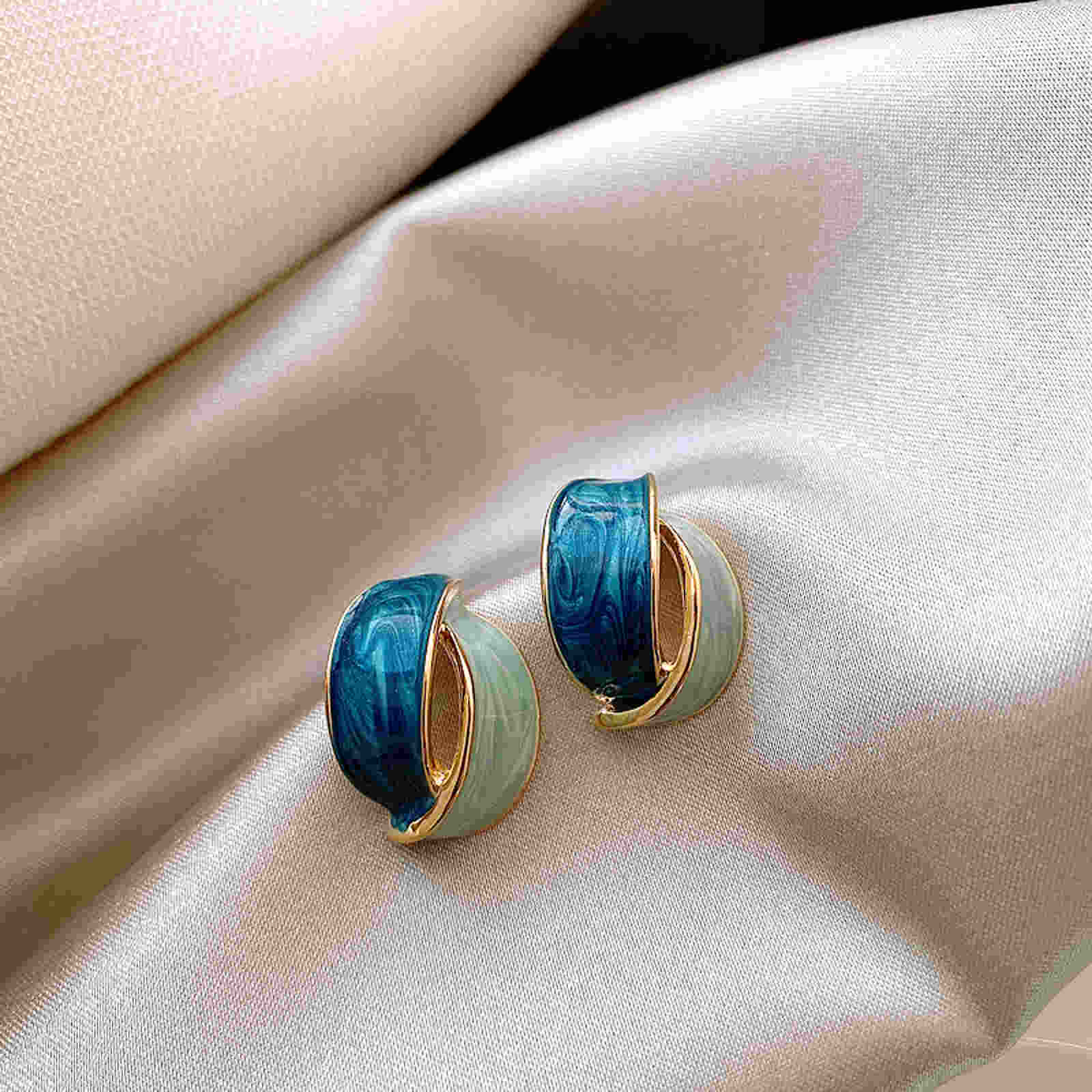 Fine Drip Glaze Stud Earrings Beautiful Blue Green Hoop Earrings