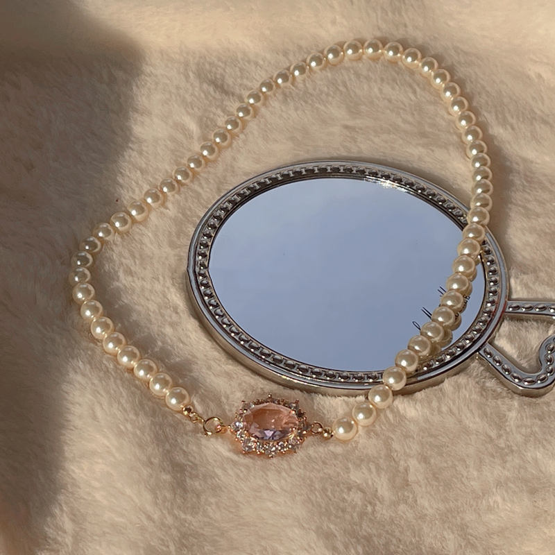 6MM Pearl Necklace | Crystal Pendant Pearl Chain | 14K Gold Shining Pearl Wedding Necklace