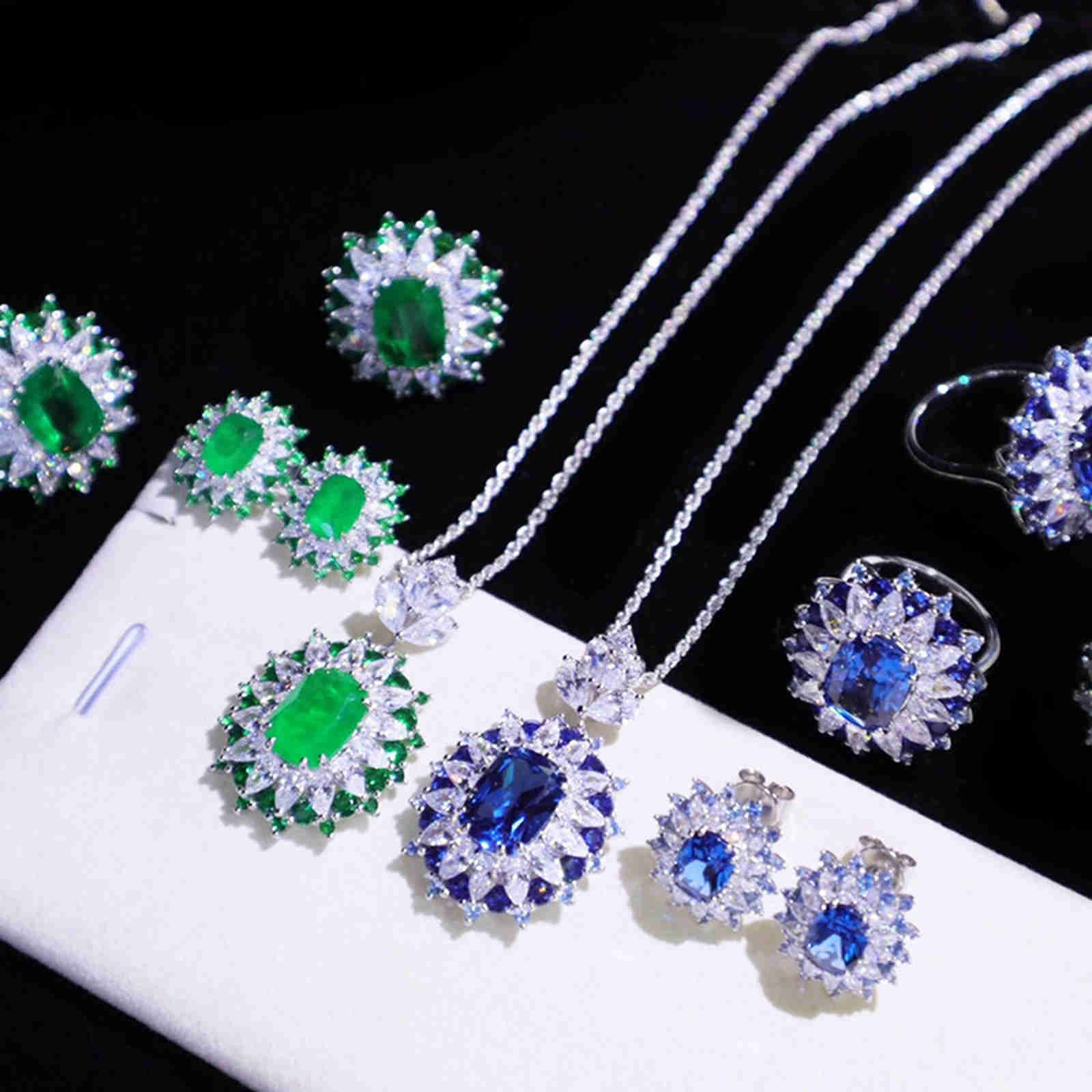 Jewelry Set Blue and Green Synthetic Quartz Crystal Earrings Necklace and Ring Set
