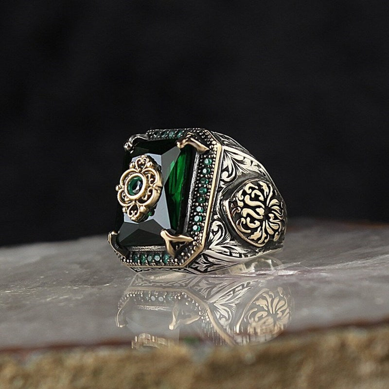 Shield Ring for Men Colored Stone Classic Ring Ancient Silver Style