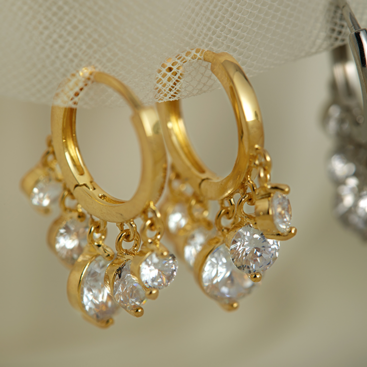 Lily of The Valley Earrings | 3 Moonstone Drop Earrings | Gold Hoop Earrings in Sterling Silver Pin