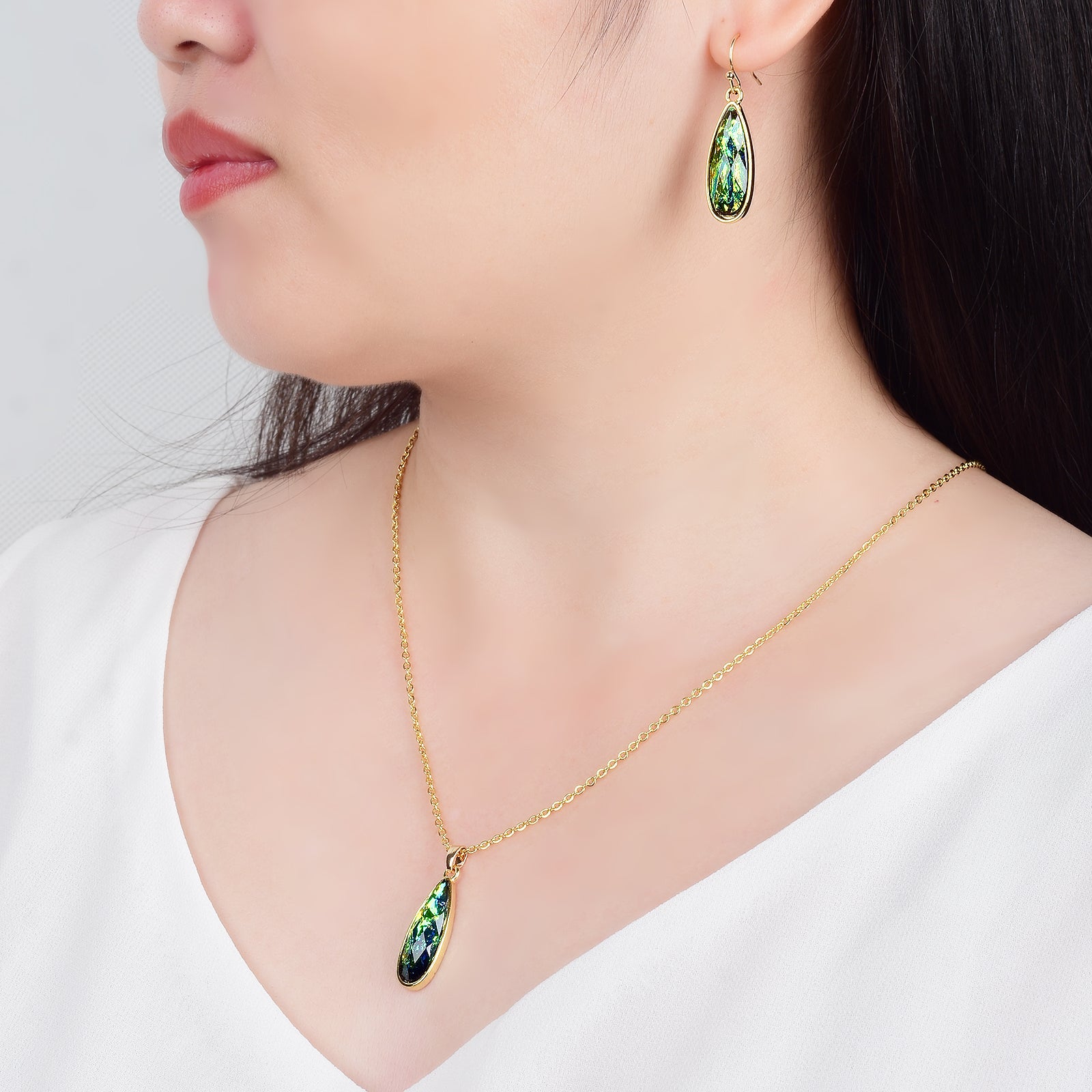 Opal Jewelry Set Oil Paint Vibe Earrings and Necklace Set Gold Chain with Blue and Green Opal Pendant