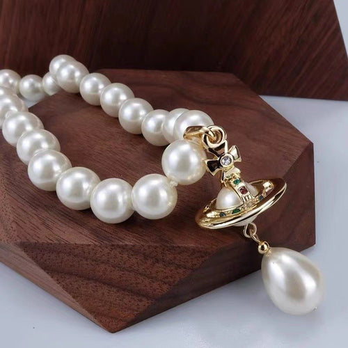Shell Pearl Necklace with Saturn Pendant Pearl Drop Gold And Silver Avaliable