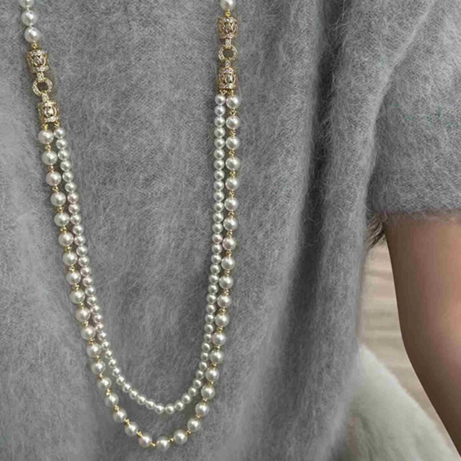 Multi-Strand Long Pearl Necklace Luxury Style White Pearl Chain Necklace