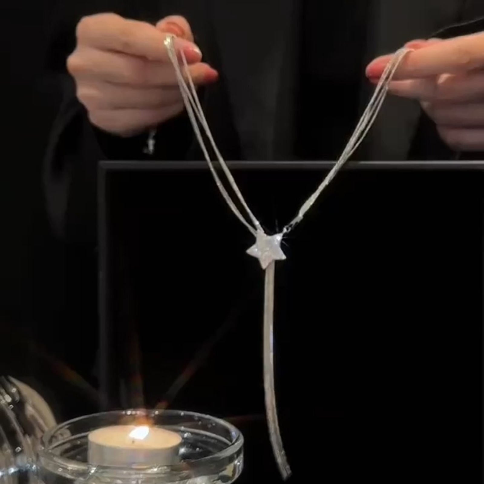 Silver Long Tassel Necklace Shiny Long Necklace with Star Clasp