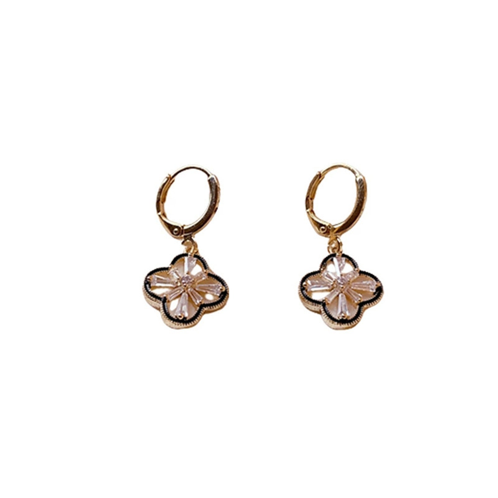 Diamond Clover Earrings Gold Hoop Lucky Clover Drop Earrings with Sterling Silver Pins