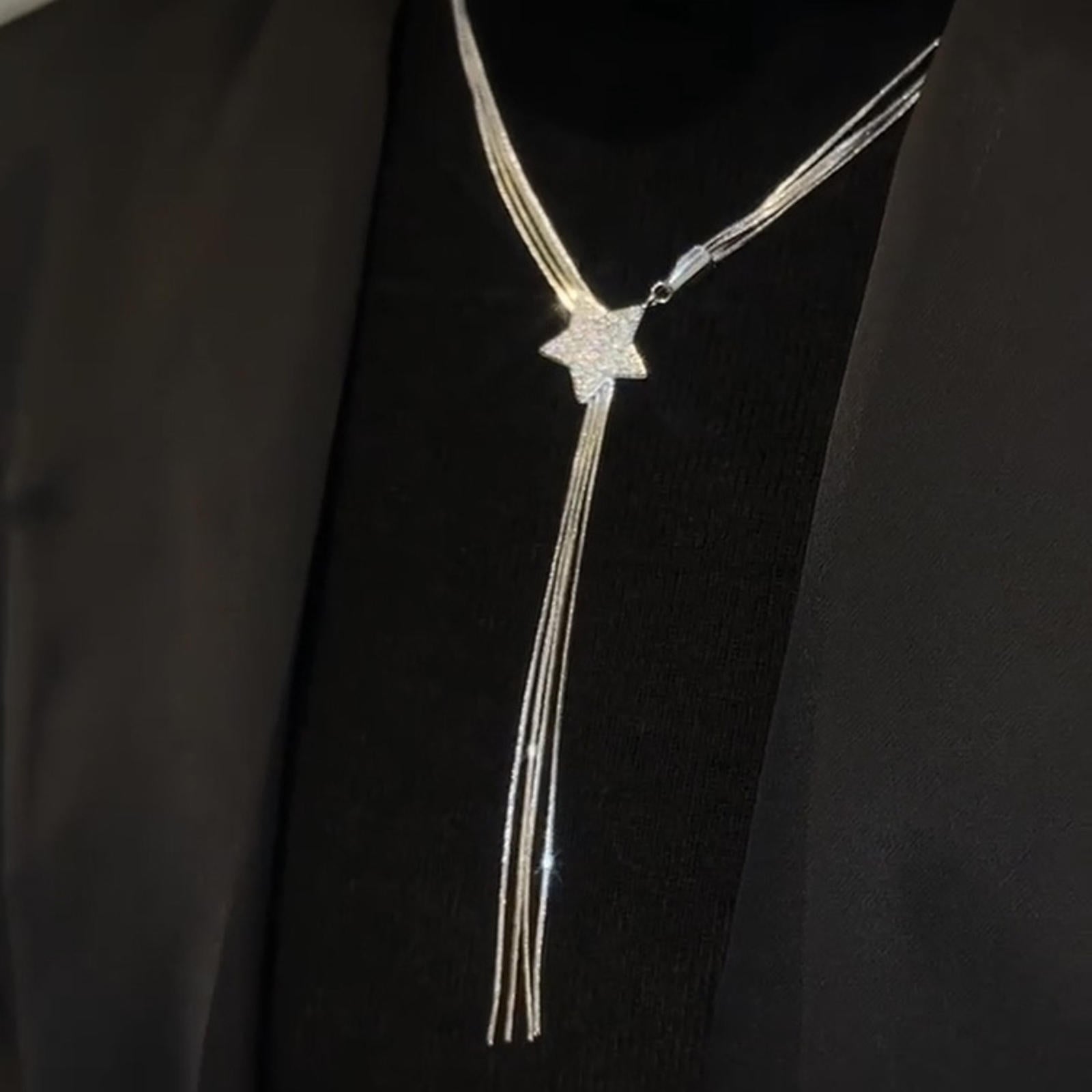 Silver Long Tassel Necklace Shiny Long Necklace with Star Clasp