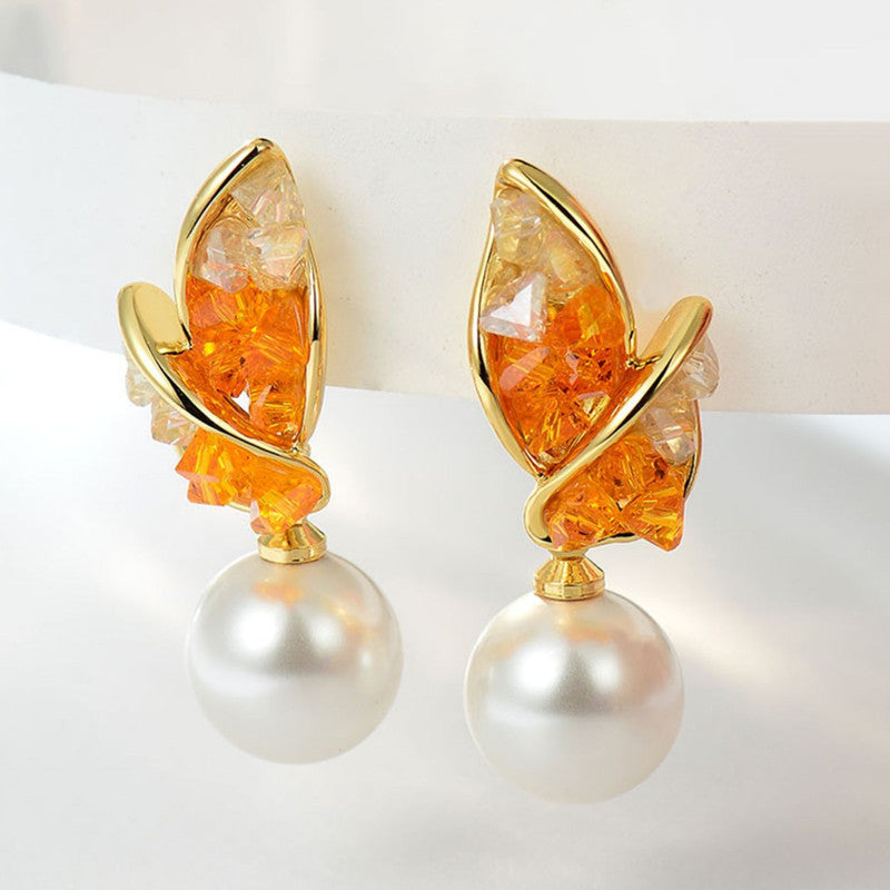 15MM Large Pearl Earrings Green Orange Crystal Leaf Shaped Earrings with S925 Silver Pins